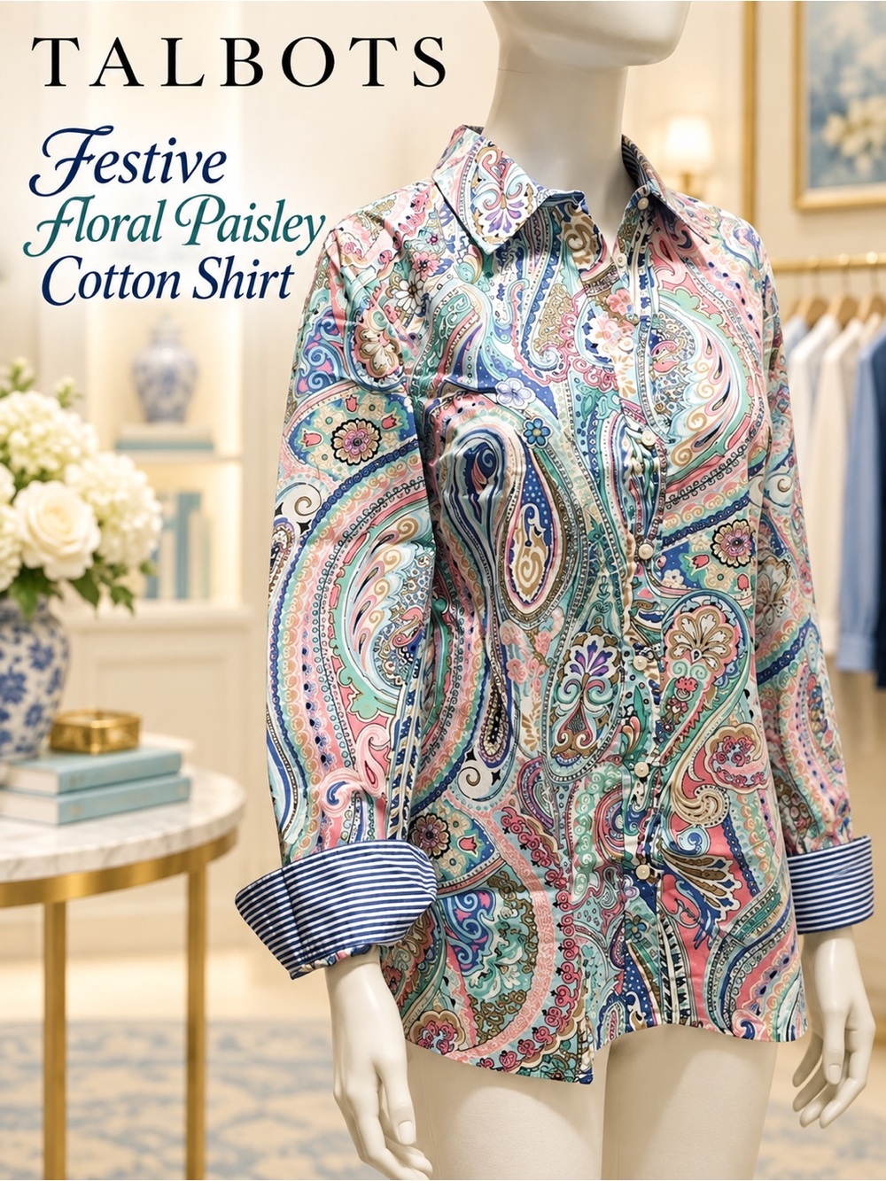 Talbots Festive Floral Paisley Cotton Shirt NEW